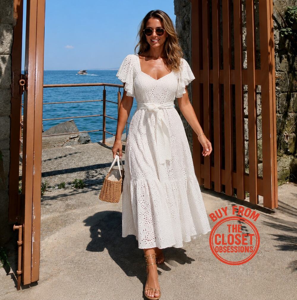 ZARA White Eyelet Midi Dress Cotton Resort Vacation Bridal Dress